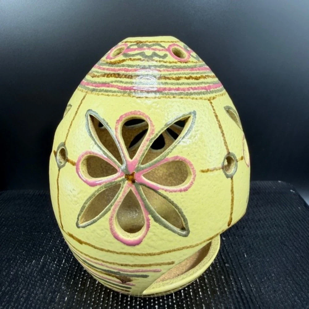 Hand Painted‎ Ceramic Candle Holder Floral Cutout Pottery Luminary Yellow Decor